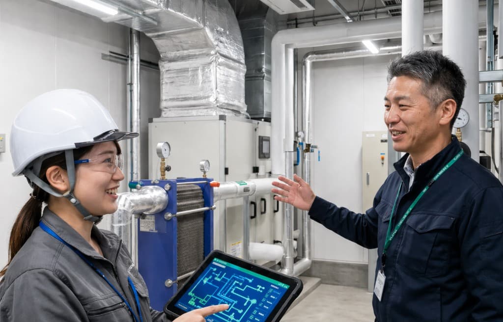 設備機械の前でタブレットの配管図を見ながら打ち合わせする技術者二人