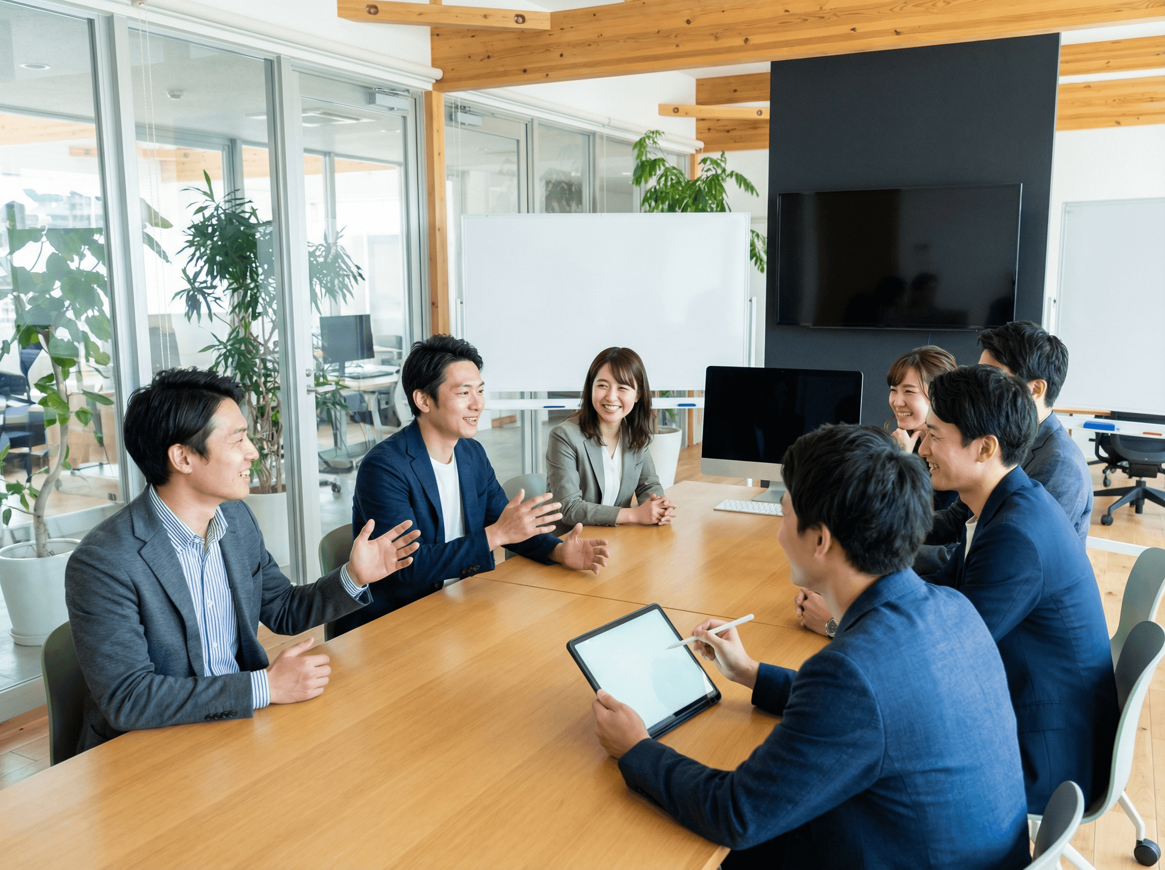 複数名の社員が開放的なオフィスで活発にディスカッションしている写真